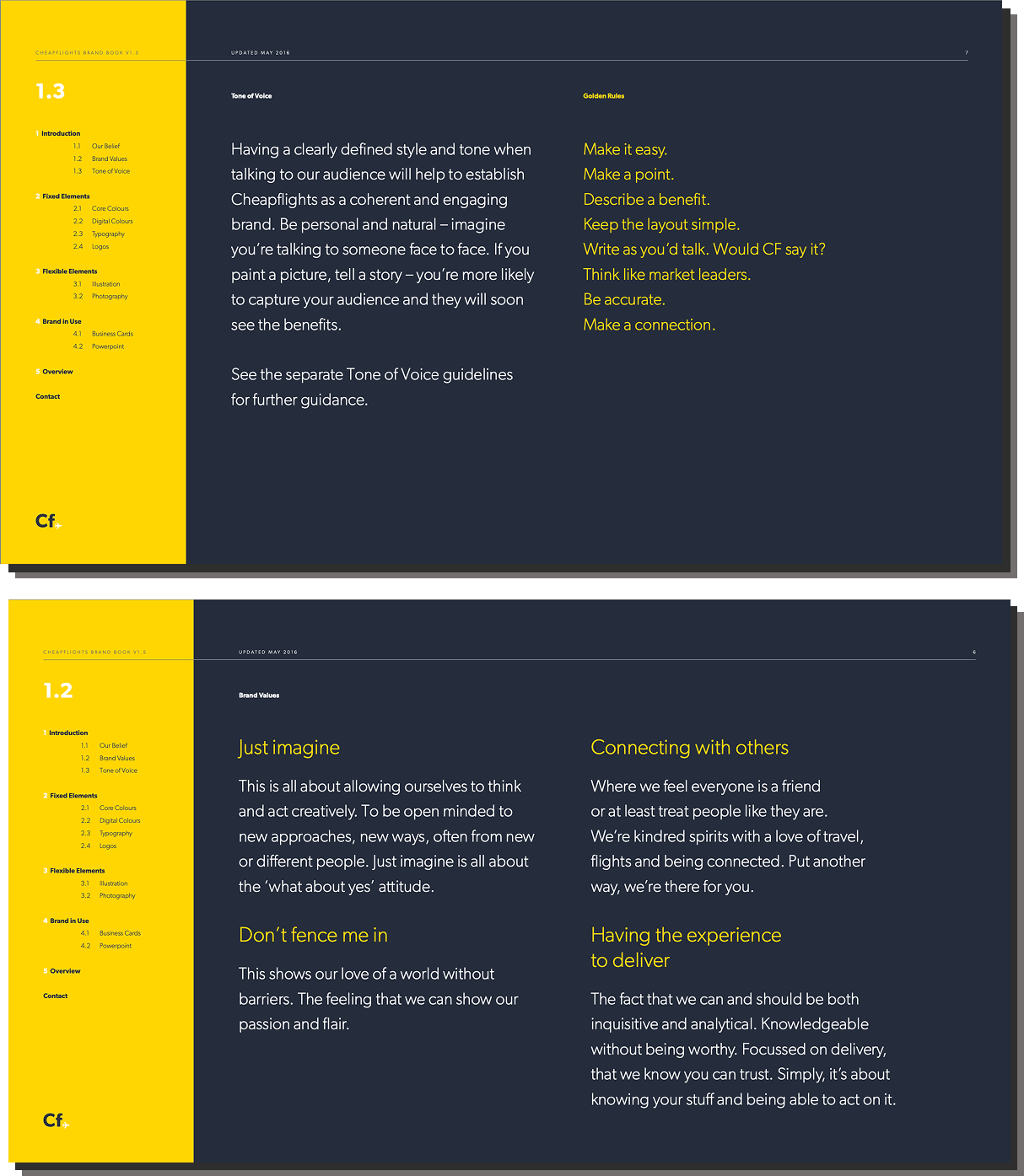 Cheapflights Brand Book spreads showing belief, values and tone of voice