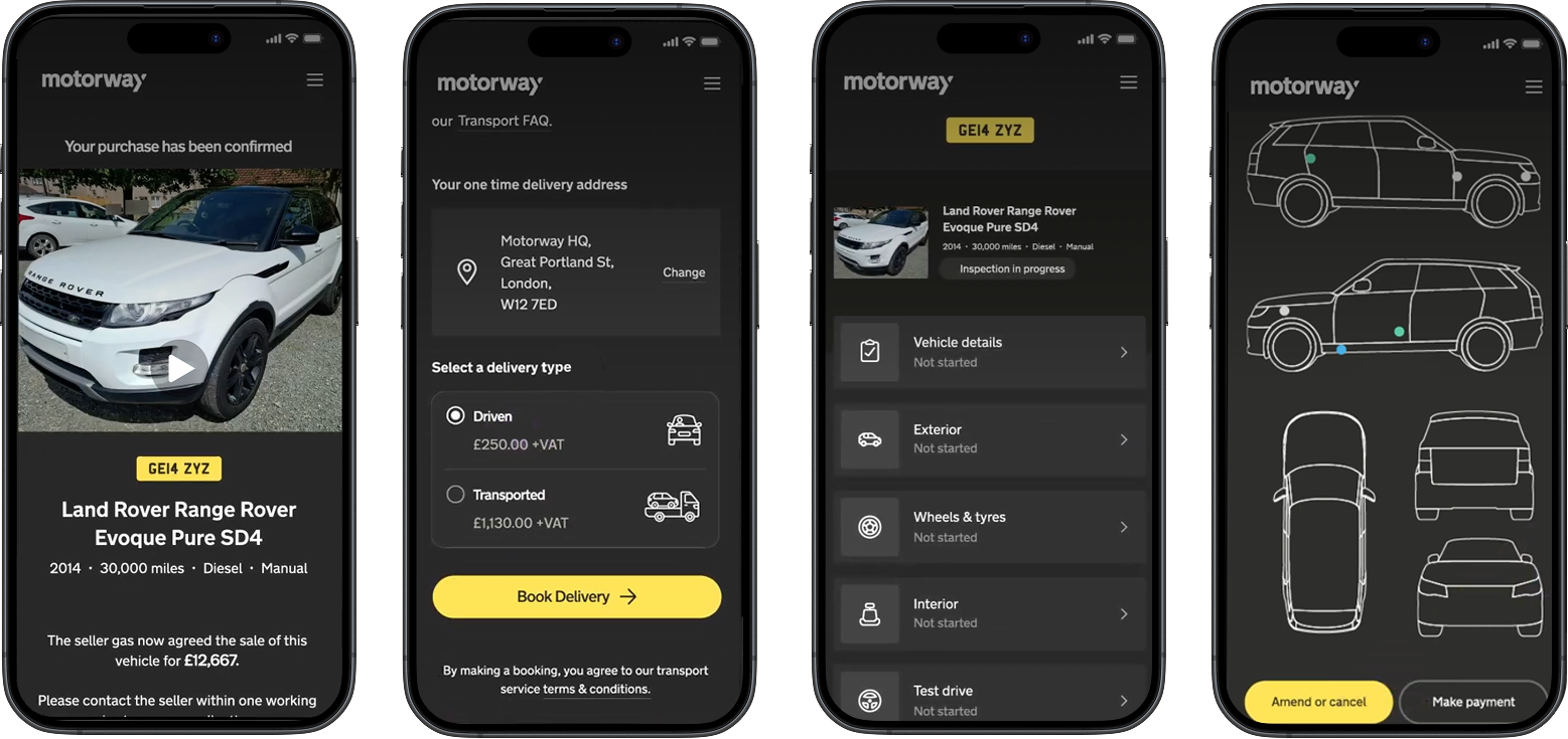 Motorway Move interface covering vehicle details, condition and damage, wheels and tyres, photography and driver guidance